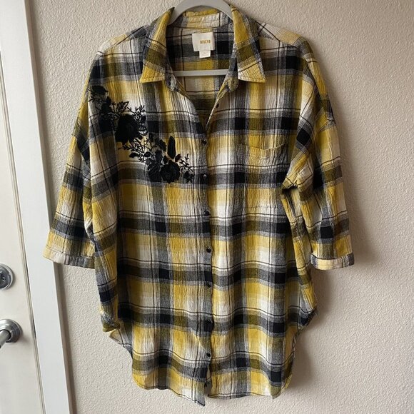 ANTHROPOLOGIE MAEVE TOP EMBROIDERED PLAID BUTTON DOWN M/L Yellow & Black - Picture 2 of 8